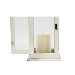 Rustic White Lantern Candle Holder 15In Tall, Hanging Farmhouse Wood Decorative Outdoor Lanterns For Wedding Decor, Hurricane Glass LED Fireplace Table Centerpiece Christmas, Style 1, -Department 56 Shop 3137w7fOUcL