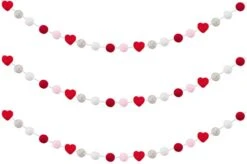 3 Pcs Valentine's Day Felt Ball & Heart Garlands- Grey, White & Red Felt Pom Pom And Felt Heart Hanging Ornaments For Valentine's Day, Anniversary, Wedding, Party Decors, Memorial Gifts
