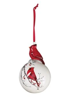 Sullivans - 4.75" White Christmas Tree Ball Ornament With Decorated Red Cardinal On Top And Painted Cardinal On A Branch