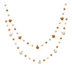 Glaciart One Felt Balls + Pumpkin Garland 2 Pcs - Easy To Hang Halloween Party Banner Decoration - Fall Décor, 100% New Zealand Wool, Hand-Felted In Nepal - 5' Long, 18 Pom Poms, 5 Pumpkins Ornaments