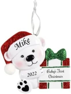 2023 Personalized Ornament Baby's First Christmas Baby Bear Holding Present Christmas Tree Ornament Artisanal Customized Decoration Baby Ornaments-Free Personalization -Department 56 Shop 31TU9WQfetL. AC