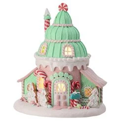 One Holiday Way 10-Inch LED Light Up Pastel Faux Gingerbread Ice Cream Cone House Tabletop Decoration With Timer, Glitter, Candy Cane Frosting – Prebuilt Lighted Decorative Winter Party Home Decor