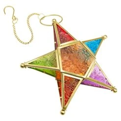Modern Morocco Metal Art Candle Holders, Star Colorful Glass Christmas Holiday Home Wall Decor Lantern For Mantel Patio Garden With Hanging Loop