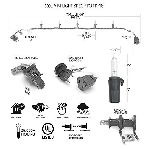 2 Packs Of DecoBrite LED 69ft (21m) 300 Ct Christmas String Lights Warm White - Green Wire, Indoor Outdoor Decorations For Christmas Tree, Patio, Garden (300-Warm White) 6 2 Packs Of DecoBrite LED 69ft (21m) 300 Ct Christmas String Lights Warm White - Green Wire, Indoor Outdoor Decorations For Christmas Tree, Patio, Garden (300-Warm White) - Image 6