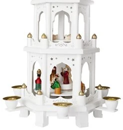 BRUBAKER Christmas Pyramid - 18 Inches - White - Wooden Nativity Play - 3 Tier Carousel With 6 Candle Holders - Designed In Germany -Department 56 Shop 41HnXEGbNVL