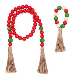 2 Pack Christmas Wooden Beads With Tassel, Classical Green & Red Wood Bead Garland Winter Farmhouse Wall Hanging Decor Holiday Ornaments Christmas Tree Decoration