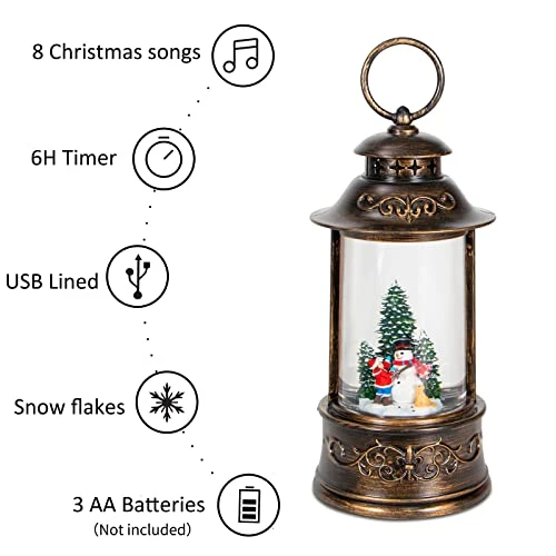 Christmas Snow Globe Lantern Musical,6H Timer Cylinder Glitter Snow Globe,Bronze Snow Globes Christmas With Music Box Including 8 Songs,Lantern With Xmas Tree Snowman Decor 6 Christmas Snow Globe Lantern Musical,6H Timer Cylinder Glitter Snow Globe,Bronze Snow Globes Christmas With Music Box Including 8 Songs,Lantern With Xmas Tree Snowman Decor - Image 6