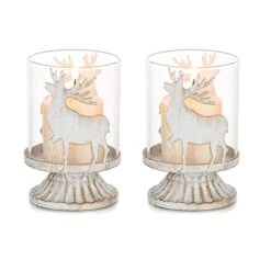 Romadedi Christmas Pillar Candle Holder: Set Of 2 Small Rustic Table Decorations With Distressed Metal Reindeer Design, Candle Holders Centerpieces Ornaments For Shelf Bookcase Farmhouse Home Decor