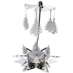 Rotating Trees Candle Spinner - Christmas Home Décor - Intricate Laser Cut Silver Trees- Star Base Tea Light Holder - Xmas Decoration