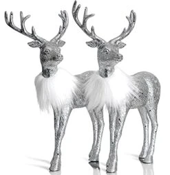 Ornativity Silver Glitter Christmas Reindeer - Holiday Party Deer Figurine Statues Dinner Tabletop Decorations Centerpiece - Pack Of 2