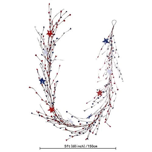 DIYFLORU 4th Of July Patriotic Garland 5 FT Pip Berry Garland Decorations Red White Blue Independence Memorial Day Garland For Indoor Outdoor Front Door Window Decorations (Metal Star) 2 DIYFLORU 4th Of July Patriotic Garland 5 FT Pip Berry Garland Decorations Red White Blue Independence Memorial Day Garland For Indoor Outdoor Front Door Window Decorations (Metal Star) - Image 2