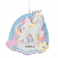 Personalized Unicorn Kids Christmas Ornament (Hearts And Stars)