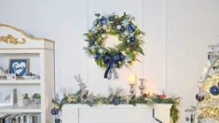 Valery Madelyn Pre-Lit 30 Inch Winter Wishes Blue Silver Large Lighted Christmas Wreath For Front Door With Ball Ornaments, Battery Operated 40 LED Lights, Holiday Decoration For Fireplace Xmas -Department 56 Shop 41YlG9jZecL