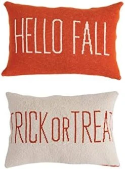 Creative Co-Op 20" L X 12" H Cotton Knit Lumbar W/Embroidery & Pom Poms Hello Pumpkin, Cream Color & Orange Pillows, Multi -Department 56 Shop 41dAP1OEN7L. AC
