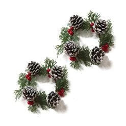 Christmas Candle Ring Small Artificial Red Berry Wreath Candle Holder Rings Centerpiece ChristmasTable Decoration (Green)