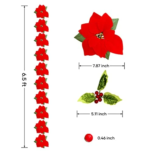 Joyhalo 2 Pack Christmas Poinsettia Garland With Lights - Battery Operated Red Berries And Holly Leaves Prelit Garland For Mantle Fireplace Table Indoor Outdoor Lighted Garland Chritsmas Decor 2 Joyhalo 2 Pack Christmas Poinsettia Garland With Lights - Battery Operated Red Berries And Holly Leaves Prelit Garland For Mantle Fireplace Table Indoor Outdoor Lighted Garland Chritsmas Decor - Image 2