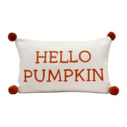 Creative Co-Op 20" L X 12" H Cotton Knit Lumbar W/Embroidery & Pom Poms Hello Pumpkin, Cream Color & Orange Pillows, Multi