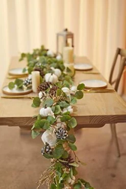 Party Joy 8.8FT Artificial Eucalyptus Garland With White Pumpkins For Fall Decor, Plaid Pumpkins Pinecones Berries Fall Decorations For Home, Wedding Thanksgiving Table Runner Farmhouse Decor