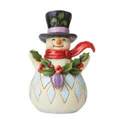 Enesco Jim Shore Heartwood Creek Snowman With Holly Garland Making Merry Pint-Sized Figurine, 5 Inch, Multicolor