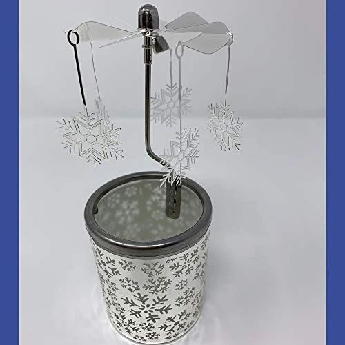 Snowflake Christmas Candle Spinner - Snowflake Charms Spin Above The Candle Holder - Holder Is Frosted Glass With Laser Cut Snowflakes In Metal Wrap 2 Snowflake Christmas Candle Spinner - Snowflake Charms Spin Above The Candle Holder - Holder Is Frosted Glass With Laser Cut Snowflakes In Metal Wrap - Image 2