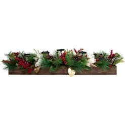 Fraser Hill Farm 42" Christmas Holiday 5 Candle Holder Centerpiece With Pine, Red Berries And Gold Leaf Accents, FF042CHTT003-0GR