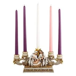 Needzo Advent Candle Holder, Gold Tone Holy Family Nativity Scene Centerpiece, Indoor Christmas Season Decoration, 11 X 6.5 Inches
