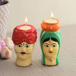Handmade Marwari Couple Pair Tea Light Holder Wax Candle Stand For Diwali Navratri Christmas New Year Decoration Items Paper Mache Handpainted Handicrafted Rajasthani Pair Candle Diya For Home Décor