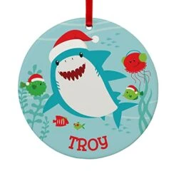 Let's Make Memories - Personalized Christmas Ornament - Santa Shark Round Ornament - Customize With Any Name - Made Of Wood - Includes Ribbon - 3" Round