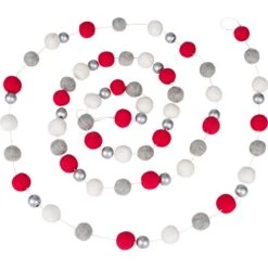 8 Foot Red, White And Gray Wool Felt Ball Pom Pom Garland With Silver Wood Beads - Vintage Christmas Tree Decor Holiday Party Banner Decoration For Wall, Crafts, Kids Room