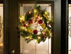 Red Co. 22” Light-Up Christmas Wreath With Red & Gold Ornaments, Battery-Operated LED Lights With Timer -Department 56 Shop 510D1g4KTCL