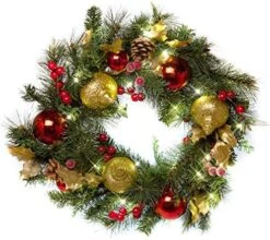 Red Co. 22” Light-Up Christmas Wreath With Red & Gold Ornaments, Battery-Operated LED Lights With Timer -Department 56 Shop 512kRpPVYUL. AC