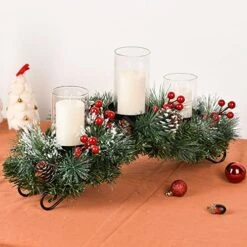 Woofty 18.5 Inch Christmas Candle Holder Centerpiece, Pine Cones And Red Berry Table Centerpiece With 3 Candle Holders Table Accent Centerpiece For Festival Home Decoration -Department 56 Shop 5141cv9y6fL