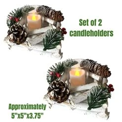 LED Lighted Pinecone Christmas Candleholders - Set Of 2 - Red Berry And Whitewashed Driftwood Xmas Table Decoration