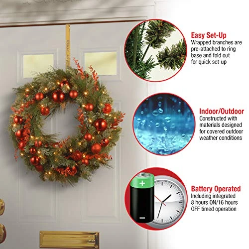 National Tree Company Pre-Lit Artificial Christmas Wreath, Green, Evergreen, White Lights, Decorated With Ball Ornaments, Red Sprigs, Christmas Collection, 24 Inches 3 National Tree Company Pre-Lit Artificial Christmas Wreath, Green, Evergreen, White Lights, Decorated With Ball Ornaments, Red Sprigs, Christmas Collection, 24 Inches - Image 3