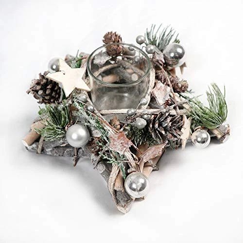 SHATCHI Star Shape Wooden Candle Holder Tabletop Centrepiece Christmas Holiday Home Decorated With Red/Silver Baubles, Berries And Cones (34cm/24cm), Wood, 242411 Cm 4 SHATCHI Star Shape Wooden Candle Holder Tabletop Centrepiece Christmas Holiday Home Decorated With Red/Silver Baubles, Berries And Cones (34cm/24cm), Wood, 242411 Cm - Image 4