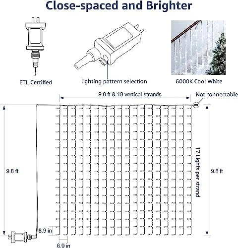 Lighting EVER 306 LED Curtain Lights Cool White, Hanging Fairy String Lights For Bedroom Wall, Indoor Outdoor Backdrop Lights For Wedding, Party, Patio Gazebo (10x10ft, 18 Strings 6.9" Apart) 4 Lighting EVER 306 LED Curtain Lights Cool White, Hanging Fairy String Lights For Bedroom Wall, Indoor Outdoor Backdrop Lights For Wedding, Party, Patio Gazebo (10x10ft, 18 Strings 6.9" Apart) - Image 4