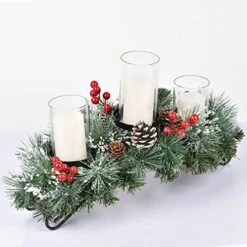 DearHouse 18inch Christmas Candle Holder Centerpiece,Pine Cones And Red Berry Table Centerpiece With 3 Candle Holders Table Accent Centerpiece For Festival Home Decoration -Department 56 Shop 515xPt0gjmL