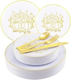 YOUBET 125Pieces Thanksgiving Plastic Plates&Gold Plastic Silverware Gold Plastic Plates With Gold Rim Include 25Dinner Plates,25Salad Plates,25Knives,25Forks,25Spoons Supplies For Thanksgiving -Department 56 Shop 5169II73cXL. AC
