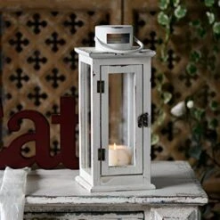 Rustic White Lantern Candle Holder 15In Tall, Hanging Farmhouse Wood Decorative Outdoor Lanterns For Wedding Decor, Hurricane Glass LED Fireplace Table Centerpiece Christmas, Style 1, -Department 56 Shop 516Ciui7SeL