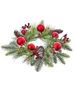 TenWaterloo 12 Inches Mixed Pine Christmas Candle Ring With Frosted Accents, Faux Berries Pine Cones And Red Ball Ornaments, Artificial Pine