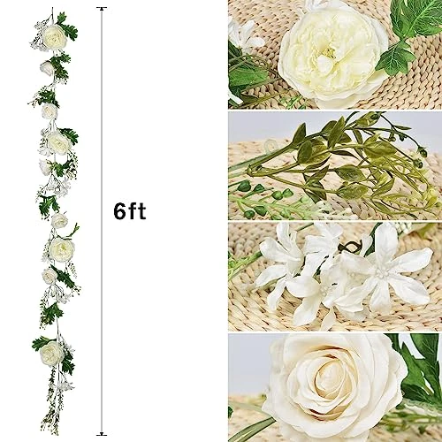 Artiflr 2 Pakc Artificial Peony Garland Flowers, 12ft Floral Greenery Garland Rose Flower Vine Garland With Mixed Peony Flowers And Green Leaves For Wedding Dining Table Home Party Decor (2, White) 4 Artiflr 2 Pakc Artificial Peony Garland Flowers, 12ft Floral Greenery Garland Rose Flower Vine Garland With Mixed Peony Flowers And Green Leaves For Wedding Dining Table Home Party Decor (2, White) - Image 4