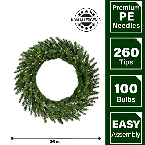 Fraser Hill Farm 36-in. Green Fir Wreath Warm White LED Lights | Battery Operated | Festive Christmas Holiday Decorations | Indoor Hanging Decor For Doors, Fireplace Mantels | FFGF036WR-5GR 3 Fraser Hill Farm 36-in. Green Fir Wreath Warm White LED Lights | Battery Operated | Festive Christmas Holiday Decorations | Indoor Hanging Decor For Doors, Fireplace Mantels | FFGF036WR-5GR - Image 3