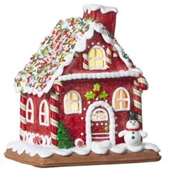 One Holiday Way 7-Inch Light Up Red Faux Gingerbread House W/Peppermint Candy, Sprinkles - Decorative LED Lighted Xmas Home Decor Figurine - Christmas Village Decoration For Mantel, Tabletop, Desk