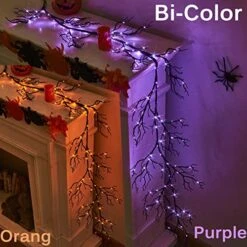 Hairui Halloween Garland With Lights 120 Orange And Purple Bi-Color Fairy Lights 8 Functions, Lighted Black Garland Battery Operated For Indoor Outdoor Home Halloween Decoration -Department 56 Shop 517Ww6AVBcL