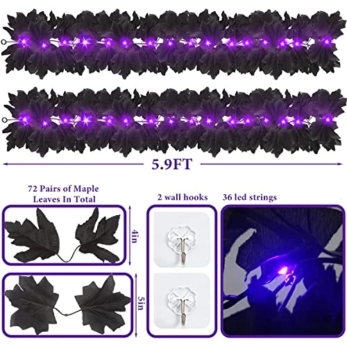 FINGOOO 2 Pack Black Garland Halloween,5.9Ft Black Vines Maple Leaf With Purple Lights For Fireplace Stairs Party Hanging Decor 2 FINGOOO 2 Pack Black Garland Halloween,5.9Ft Black Vines Maple Leaf With Purple Lights For Fireplace Stairs Party Hanging Decor - Image 2