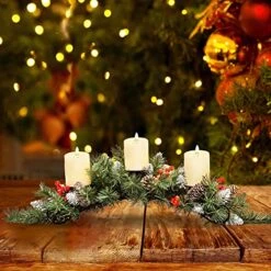Goplus Artificial Christmas Centerpiece, Xmas Tabletop Decoration With 3 Candle Holders, Red Berries, Snowy Pine Cones, Christmas Triple Candelabrum For Dining Room Table, Fireplace Mantel -Department 56 Shop 518rOGw63kL