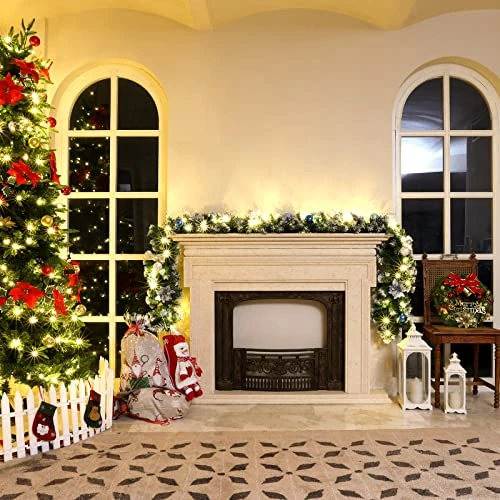 Christmas Garland, Artificial Holiday PE Mixed Garland With Battery Operated 50 LED Lights, Xmas Decoration Flocked Garland With Pine Cones And Timer For Walls Stairs Fireplaces,9Ft Pre-Lit,Blue Ball 6 Christmas Garland, Artificial Holiday PE Mixed Garland With Battery Operated 50 LED Lights, Xmas Decoration Flocked Garland With Pine Cones And Timer For Walls Stairs Fireplaces,9Ft Pre-Lit,Blue Ball - Image 6