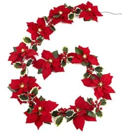 HOMESEASONS Pack Of 2 Pre-Lit Velvet Artificial Poinsettia 6 Feet Garland With Red Berries And Holly Leaves - 3AA Battery Operated Indoor And Outdoor Use (2, Red) -Department 56 Shop 5195uDNThfL
