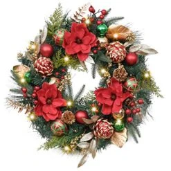 Valery Madelyn Pre-Lit 24 Inch Traditional Red Green Gold Lighted Christmas Wreath For Front Door With Ball Ornaments, Battery Operated 20 LED Lights, Holiday Decoration For Fireplace Xmas Decor