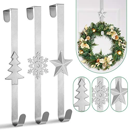Whaline 3Pccs Christmas Wreath Hanger Over The Door Metal Wreath Hook Star Christmas Tree Snowflake Hook For Xmas Party Decor Door Wall Home Office, Silver, 15in 1 Whaline 3Pccs Christmas Wreath Hanger Over The Door Metal Wreath Hook Star Christmas Tree Snowflake Hook For Xmas Party Decor Door Wall Home Office, Silver, 15in